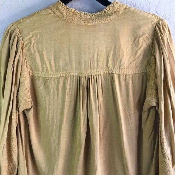 Mustard long sleeve embroidered button down shirt western peasant 1800s saloon S - Picture 5 of 8